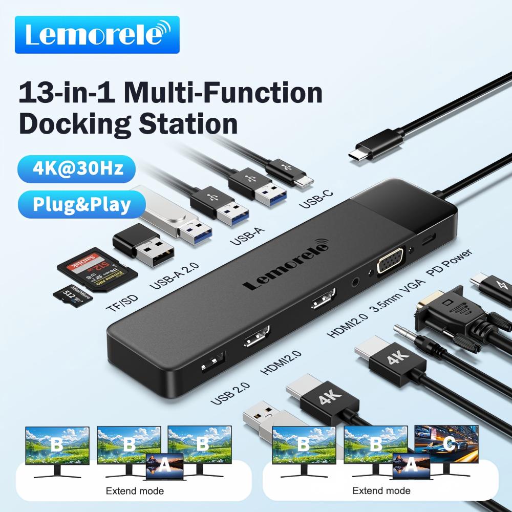 Desk Setup Usb Hub - Lemorele Hub USB C 13-in-1 4K30Hz